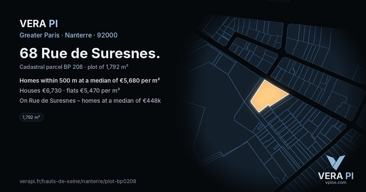 68 Rue de Suresnes, Nanterre at night – the plot lit, the parcels around coloured by the prices near them
