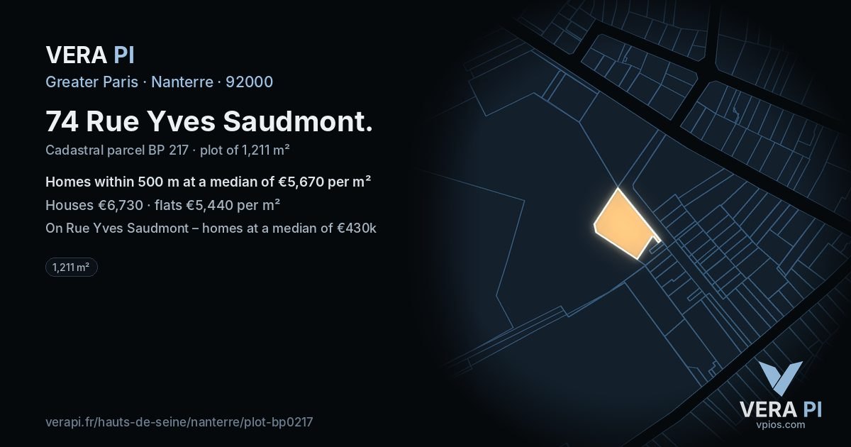 74 Rue Yves Saudmont, Nanterre at night – the plot lit, the parcels around coloured by the prices near them