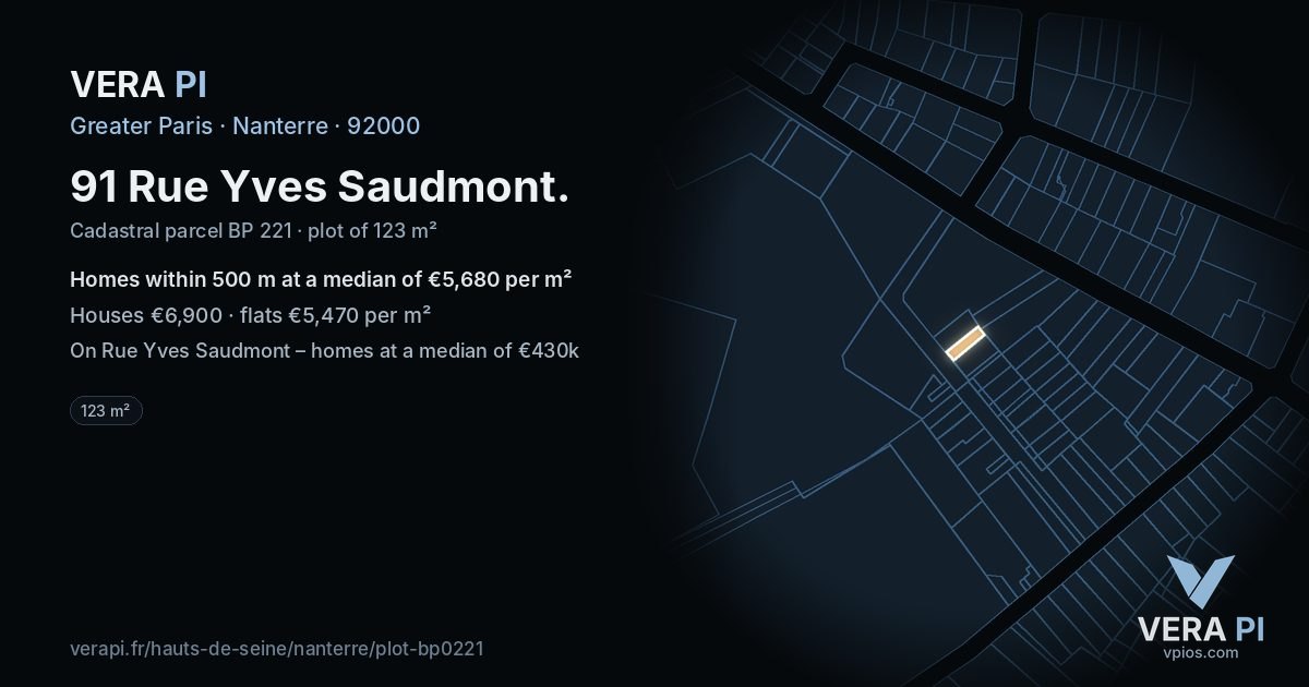 91 Rue Yves Saudmont, Nanterre at night – the plot lit, the parcels around coloured by the prices near them