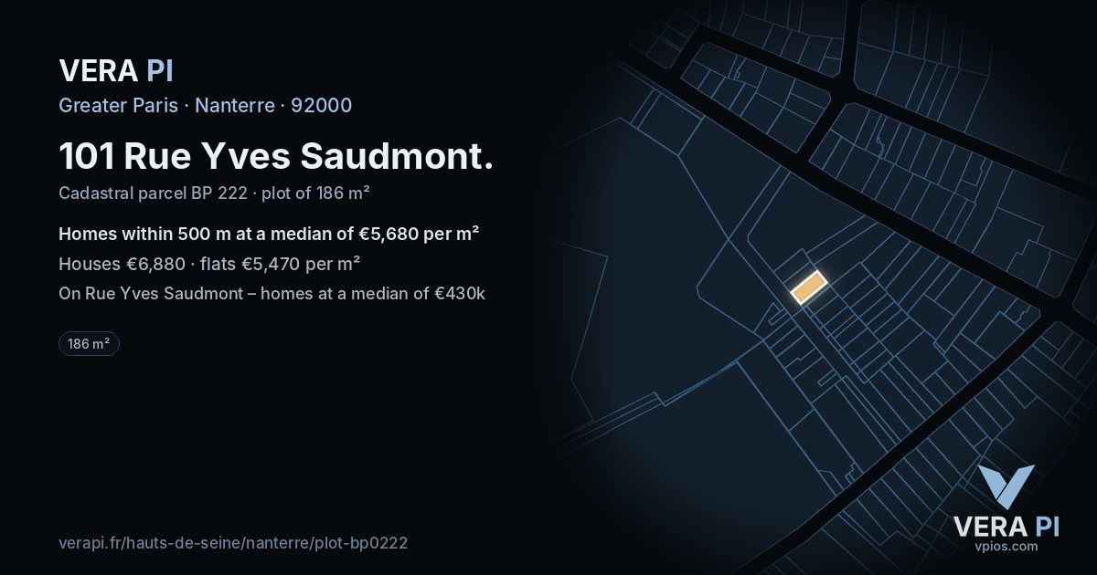 101 Rue Yves Saudmont, Nanterre at night – the plot lit, the parcels around coloured by the prices near them
