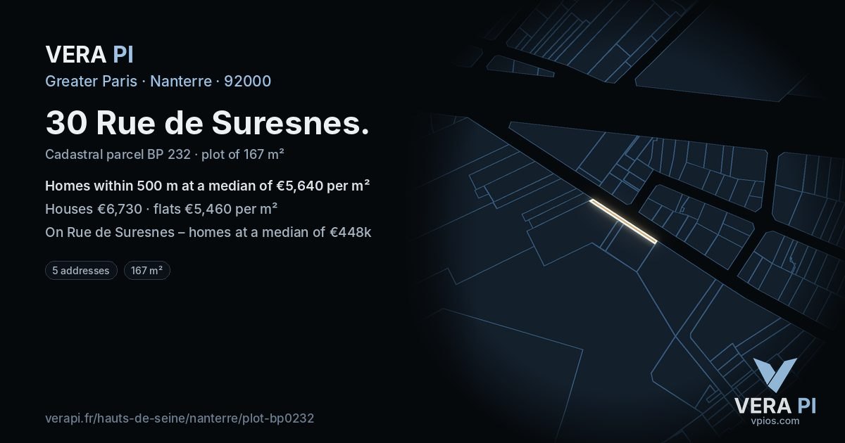 30 Rue de Suresnes, Nanterre at night – the plot lit, the parcels around coloured by the prices near them