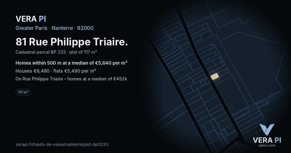 81 Rue Philippe Triaire, Nanterre at night – the plot lit, the parcels around coloured by the prices near them
