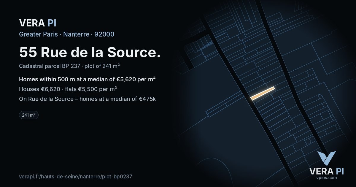 55 Rue de la Source, Nanterre at night – the plot lit, the parcels around coloured by the prices near them