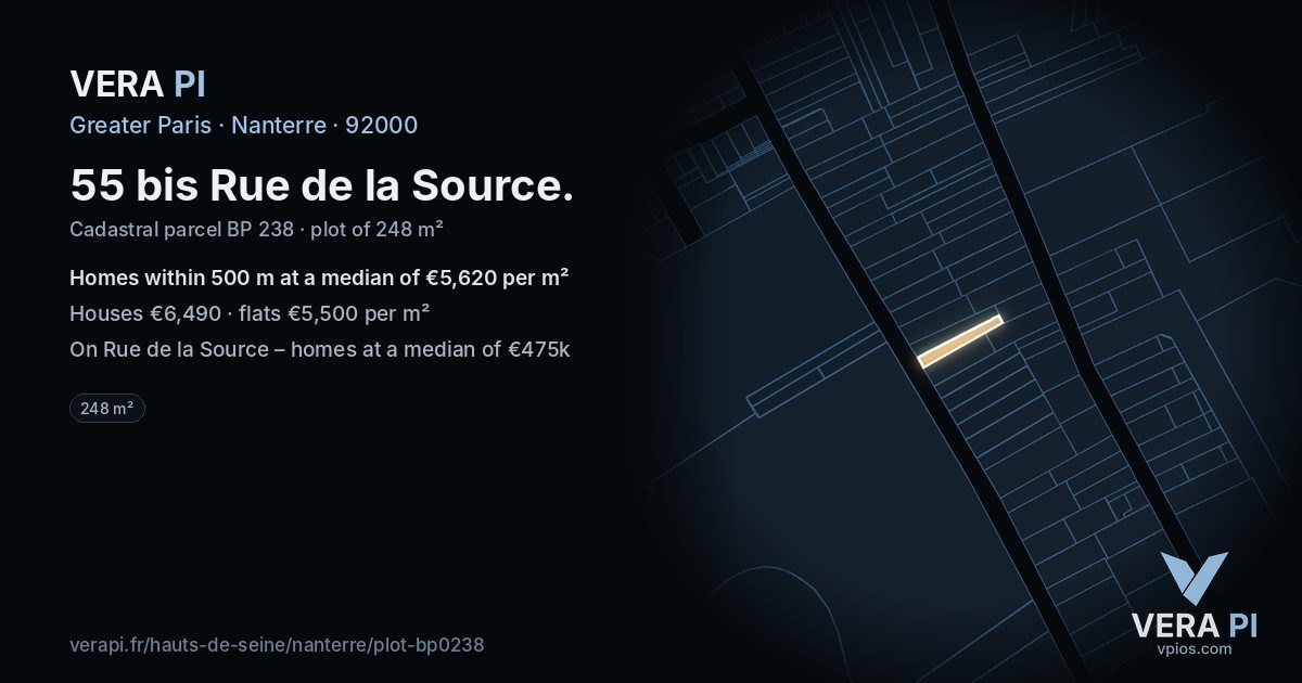 55 bis Rue de la Source, Nanterre at night – the plot lit, the parcels around coloured by the prices near them
