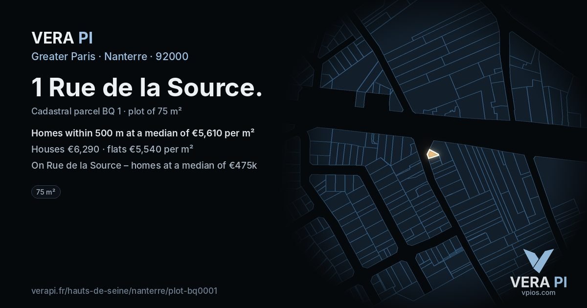 1 Rue de la Source, Nanterre at night – the plot lit, the parcels around coloured by the prices near them