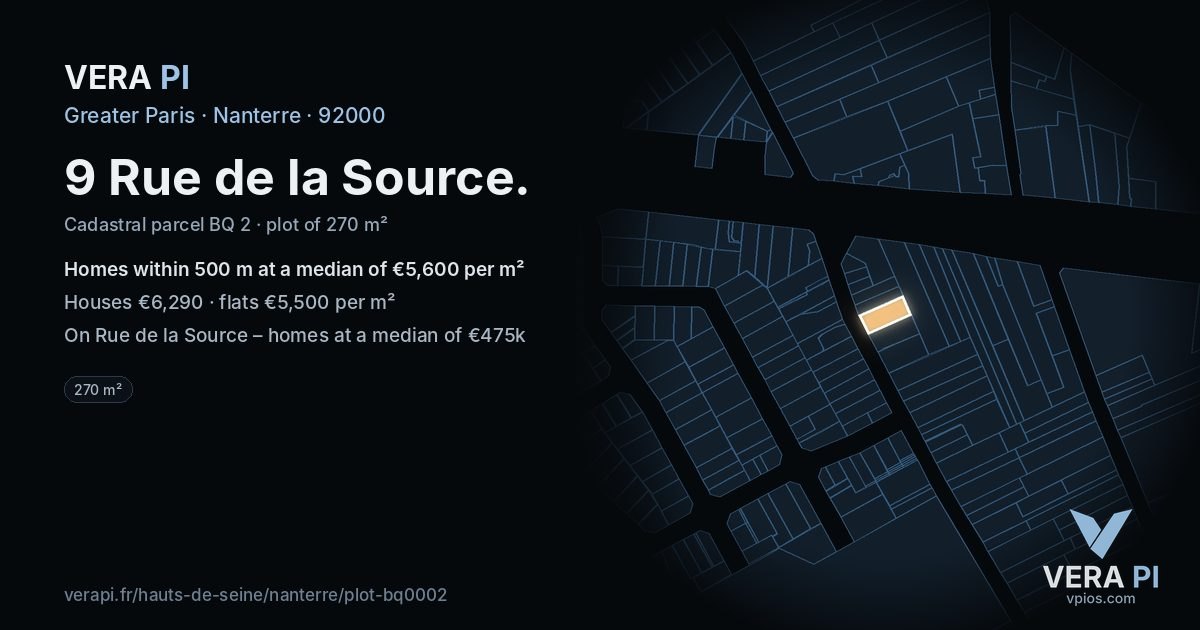 9 Rue de la Source, Nanterre at night – the plot lit, the parcels around coloured by the prices near them
