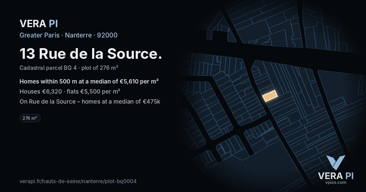 13 Rue de la Source, Nanterre at night – the plot lit, the parcels around coloured by the prices near them