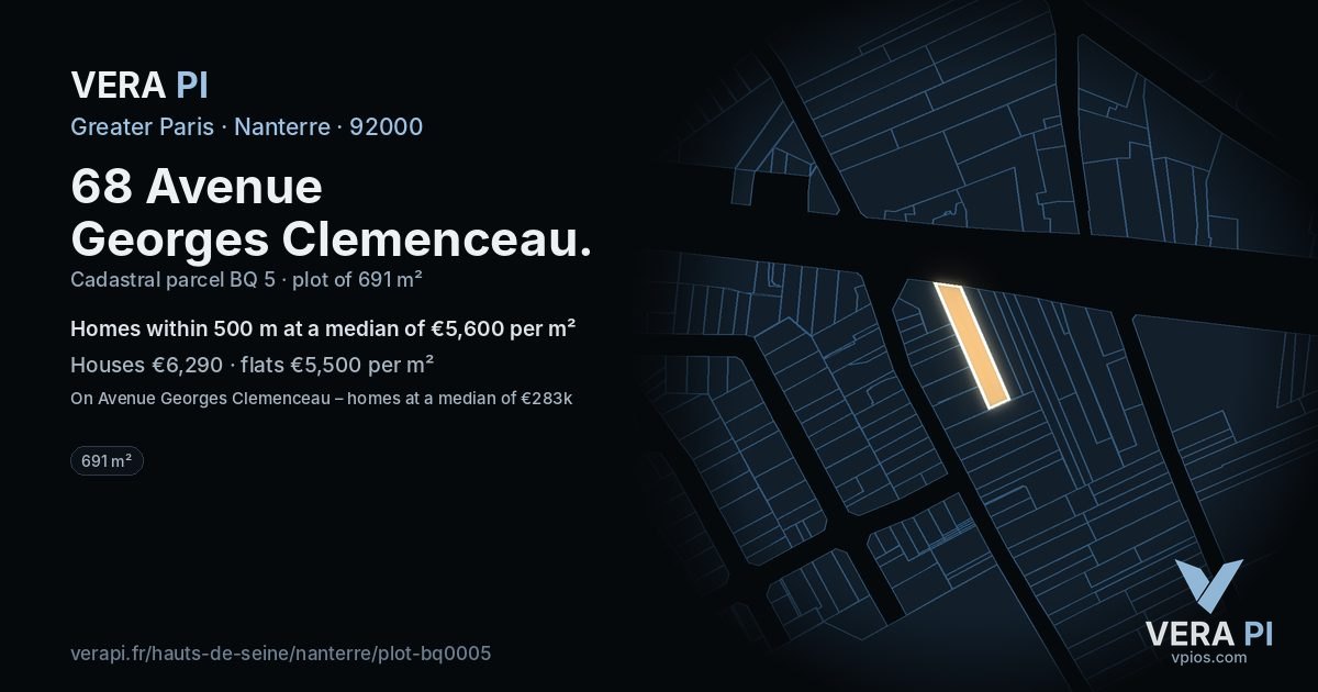 68 Avenue Georges Clemenceau, Nanterre at night – the plot lit, the parcels around coloured by the prices near them