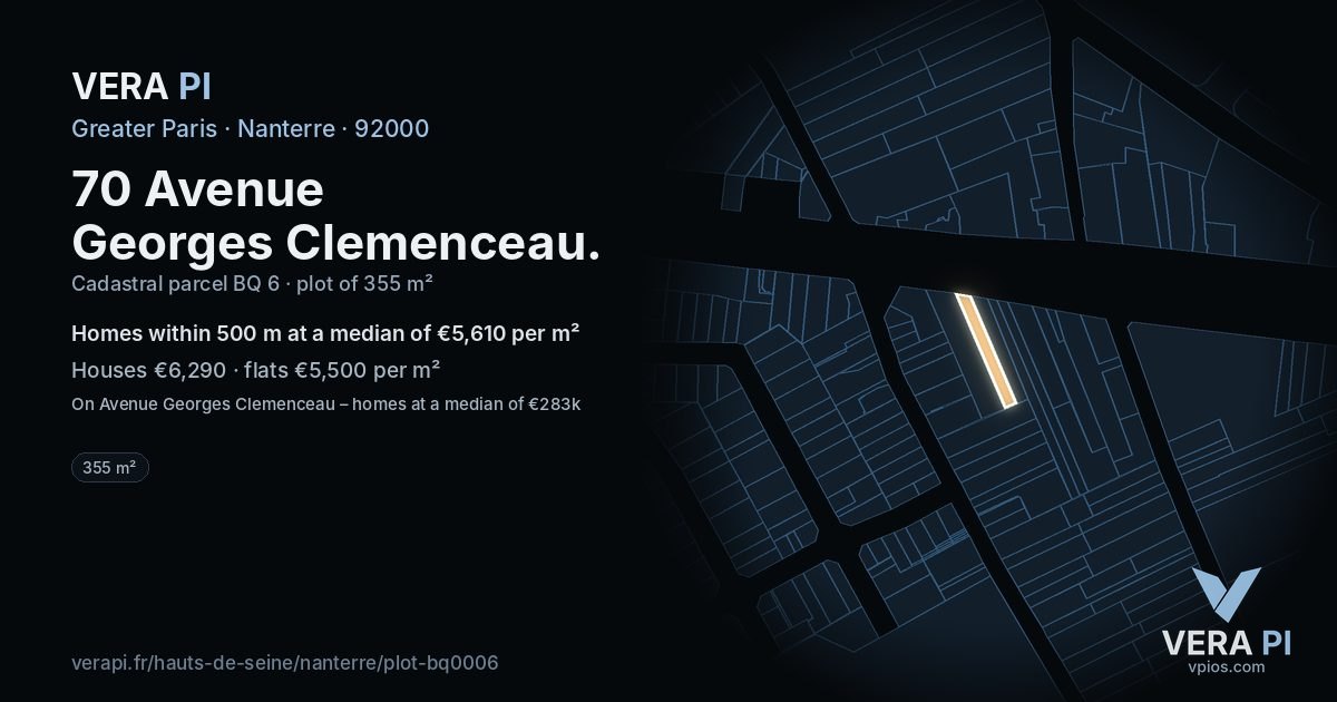 70 Avenue Georges Clemenceau, Nanterre at night – the plot lit, the parcels around coloured by the prices near them