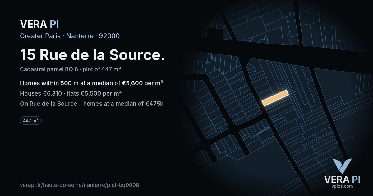 15 Rue de la Source, Nanterre at night – the plot lit, the parcels around coloured by the prices near them