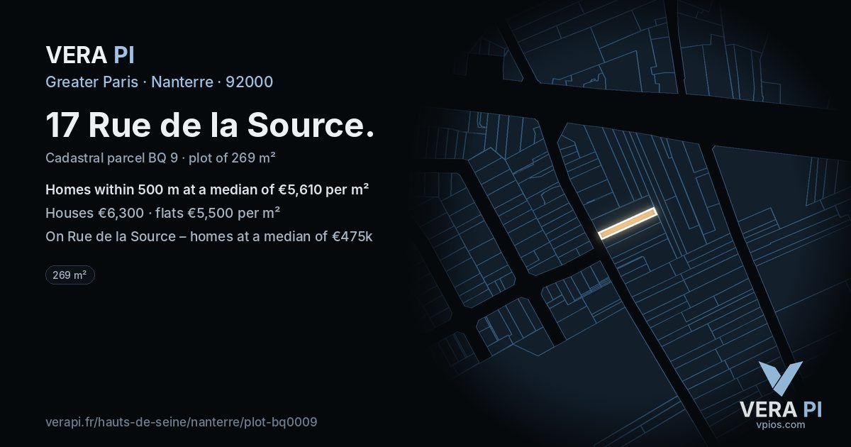 17 Rue de la Source, Nanterre at night – the plot lit, the parcels around coloured by the prices near them