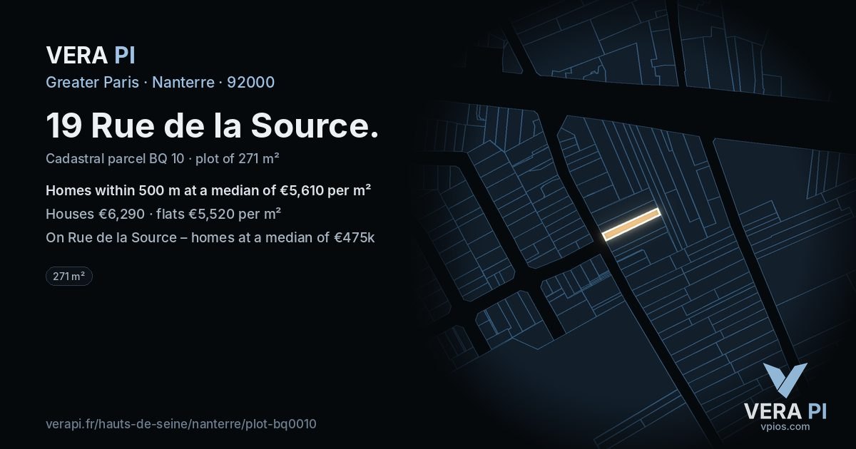 19 Rue de la Source, Nanterre at night – the plot lit, the parcels around coloured by the prices near them