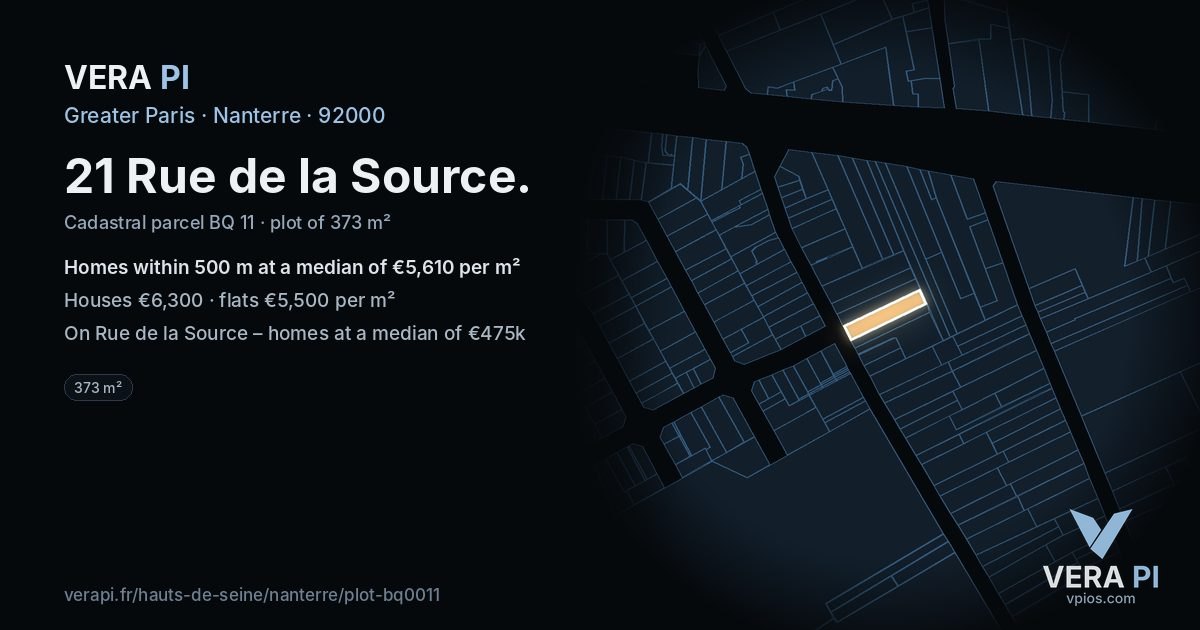 21 Rue de la Source, Nanterre at night – the plot lit, the parcels around coloured by the prices near them