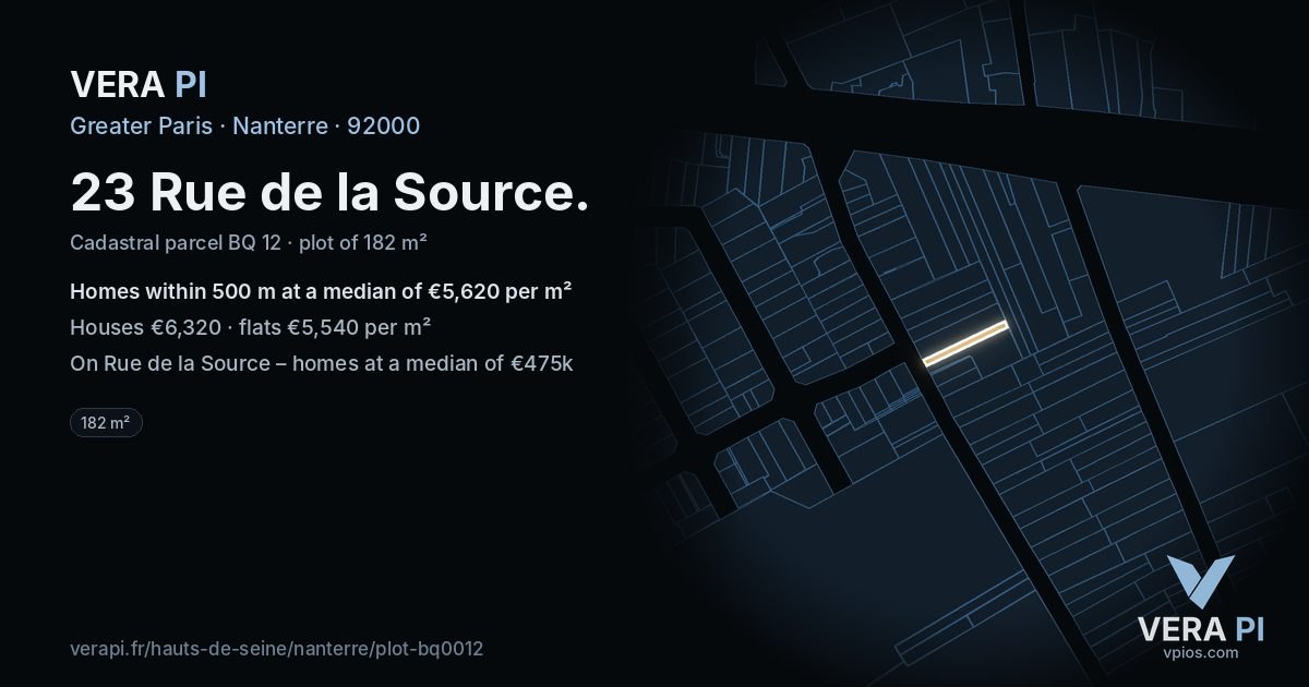 23 Rue de la Source, Nanterre at night – the plot lit, the parcels around coloured by the prices near them