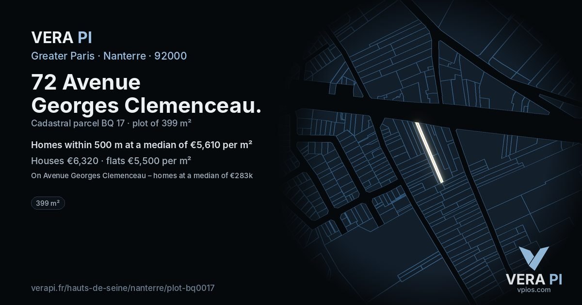 72 Avenue Georges Clemenceau, Nanterre at night – the plot lit, the parcels around coloured by the prices near them