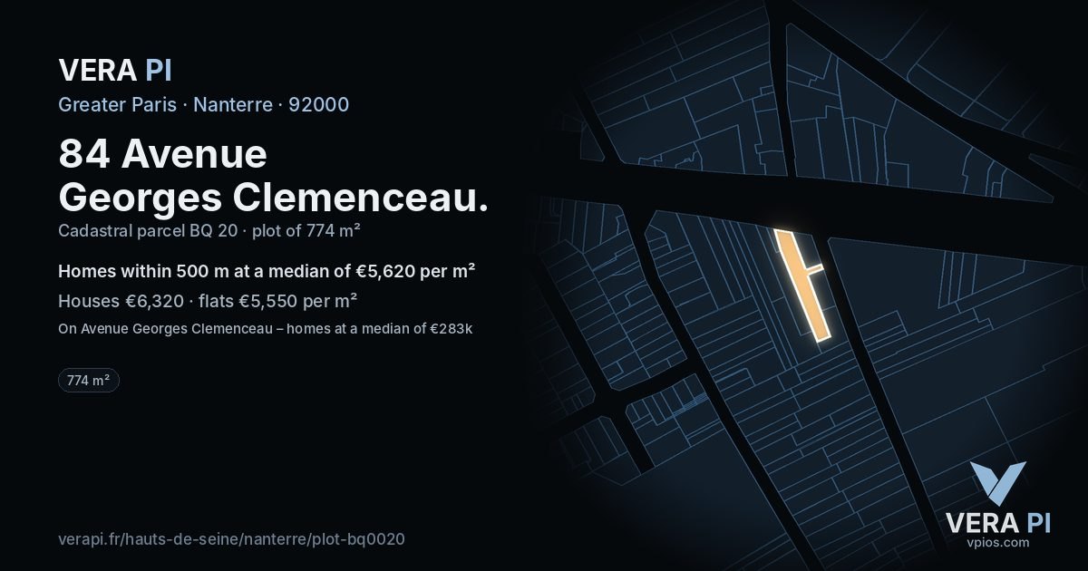 84 Avenue Georges Clemenceau, Nanterre at night – the plot lit, the parcels around coloured by the prices near them