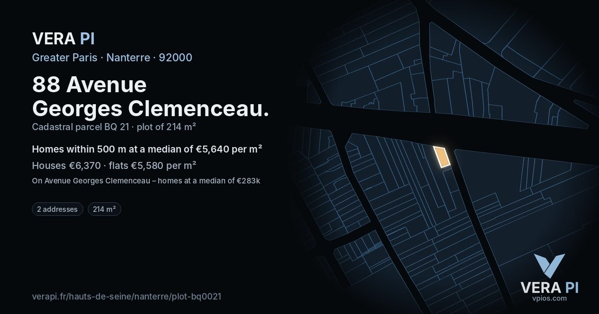88 Avenue Georges Clemenceau, Nanterre at night – the plot lit, the parcels around coloured by the prices near them