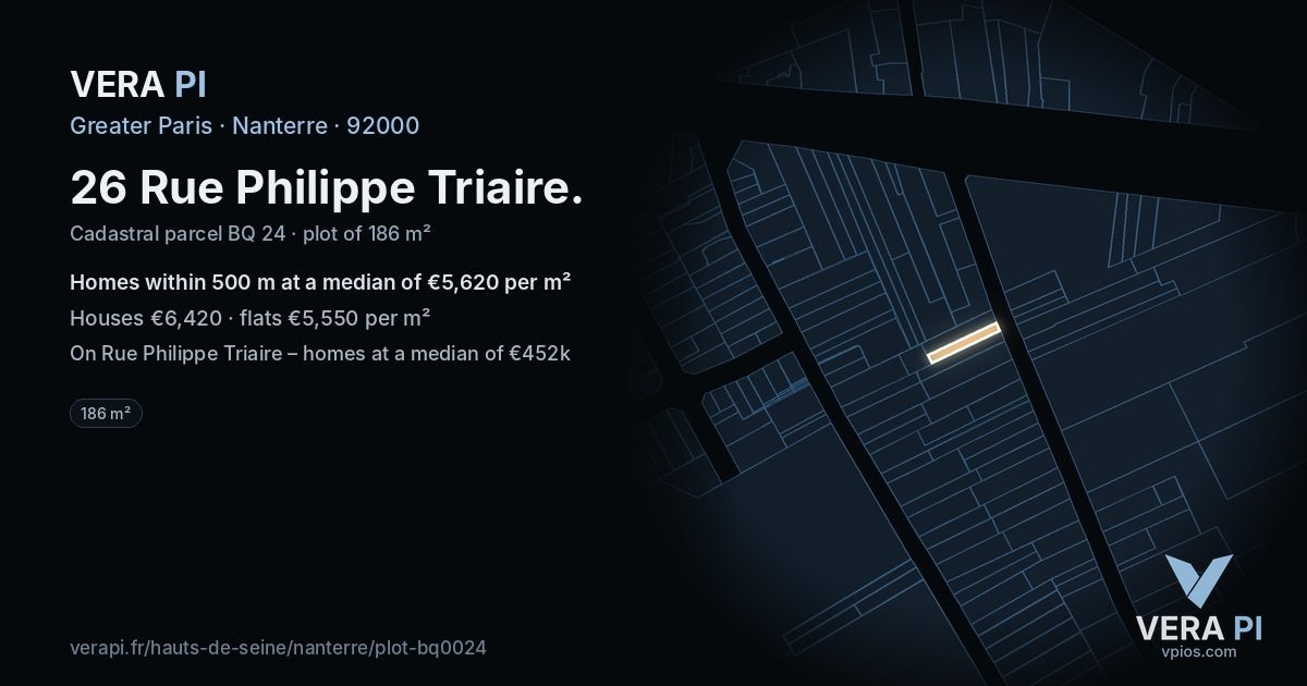 26 Rue Philippe Triaire, Nanterre at night – the plot lit, the parcels around coloured by the prices near them