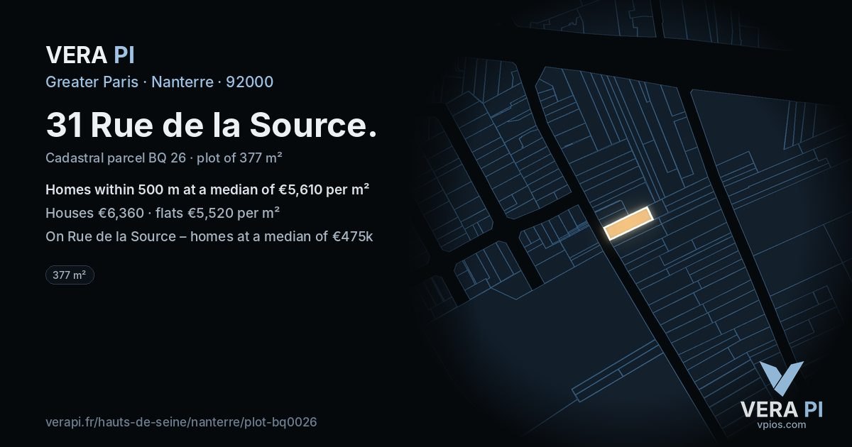 31 Rue de la Source, Nanterre at night – the plot lit, the parcels around coloured by the prices near them