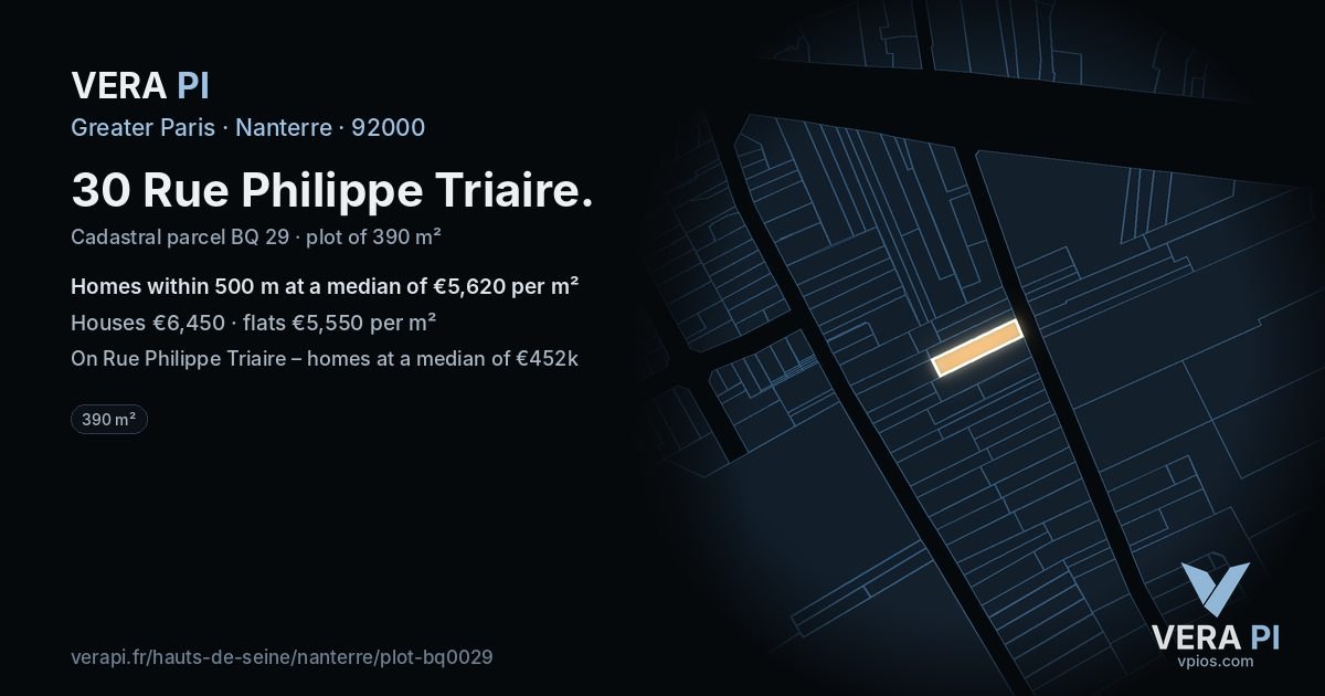30 Rue Philippe Triaire, Nanterre at night – the plot lit, the parcels around coloured by the prices near them