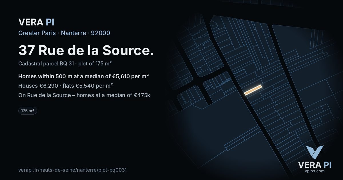 37 Rue de la Source, Nanterre at night – the plot lit, the parcels around coloured by the prices near them