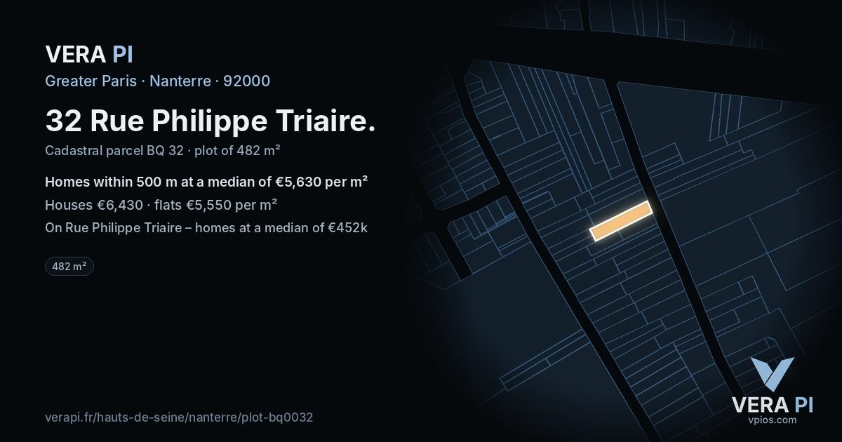 32 Rue Philippe Triaire, Nanterre at night – the plot lit, the parcels around coloured by the prices near them