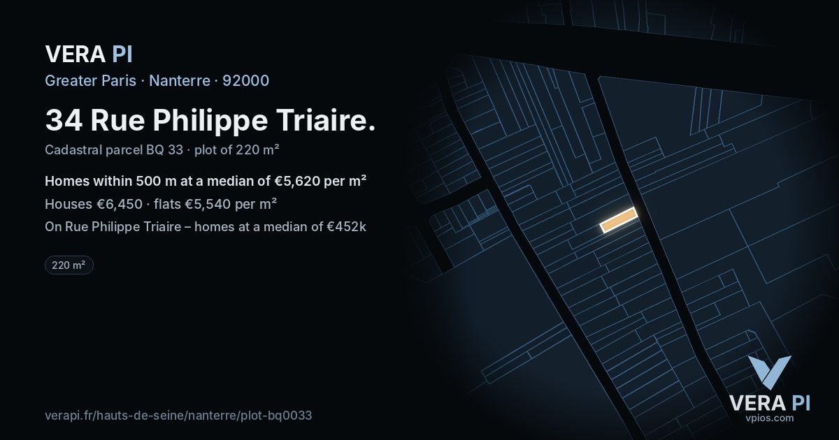 34 Rue Philippe Triaire, Nanterre at night – the plot lit, the parcels around coloured by the prices near them
