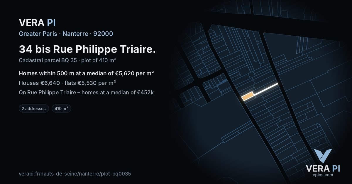 34 bis Rue Philippe Triaire, Nanterre at night – the plot lit, the parcels around coloured by the prices near them