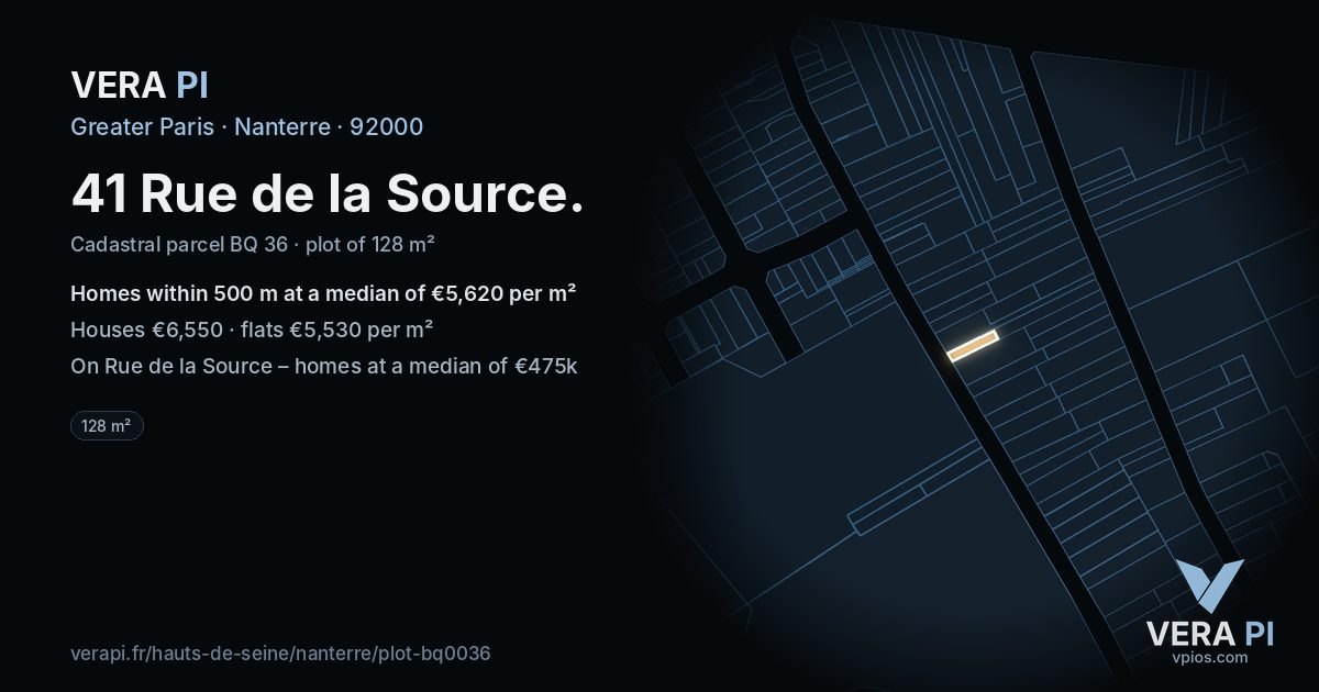 41 Rue de la Source, Nanterre at night – the plot lit, the parcels around coloured by the prices near them