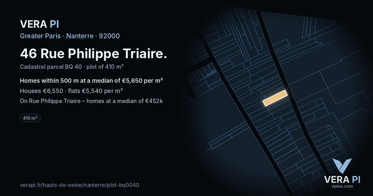 46 Rue Philippe Triaire, Nanterre at night – the plot lit, the parcels around coloured by the prices near them