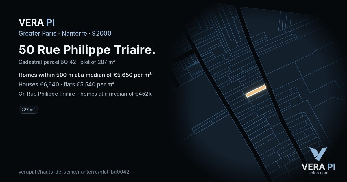 50 Rue Philippe Triaire, Nanterre at night – the plot lit, the parcels around coloured by the prices near them