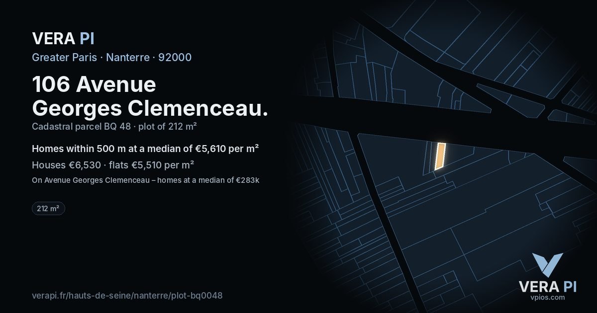 106 Avenue Georges Clemenceau, Nanterre at night – the plot lit, the parcels around coloured by the prices near them