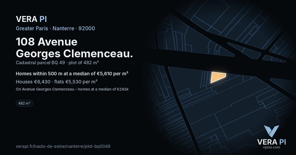 108 Avenue Georges Clemenceau, Nanterre at night – the plot lit, the parcels around coloured by the prices near them