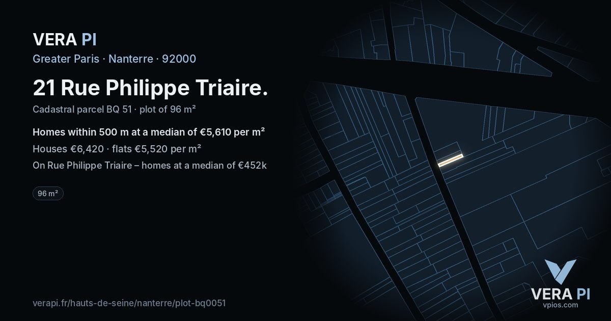 21 Rue Philippe Triaire, Nanterre at night – the plot lit, the parcels around coloured by the prices near them
