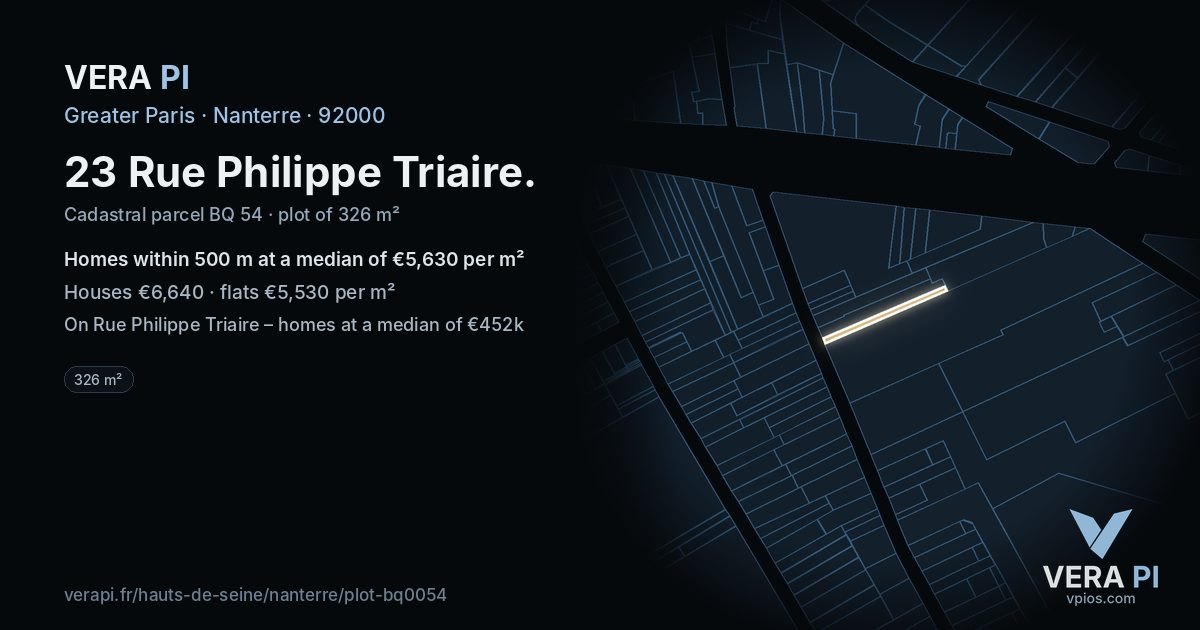 23 Rue Philippe Triaire, Nanterre at night – the plot lit, the parcels around coloured by the prices near them