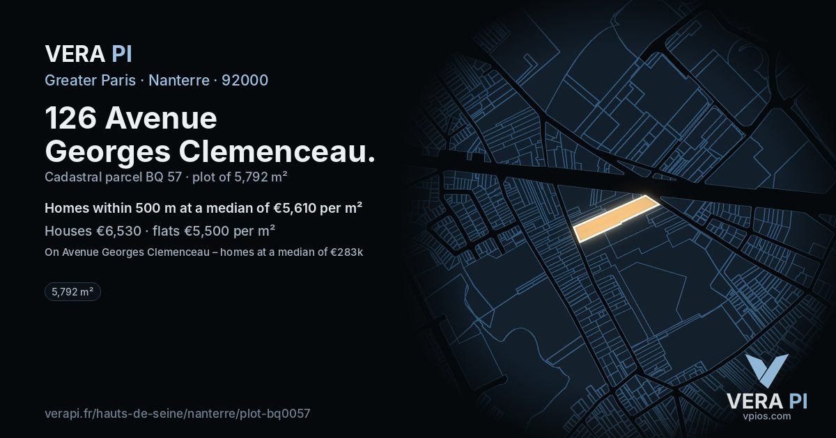 126 Avenue Georges Clemenceau, Nanterre at night – the plot lit, the parcels around coloured by the prices near them