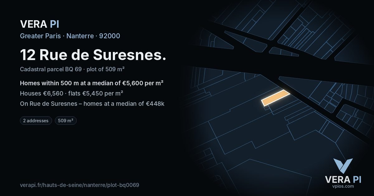 12 Rue de Suresnes, Nanterre at night – the plot lit, the parcels around coloured by the prices near them