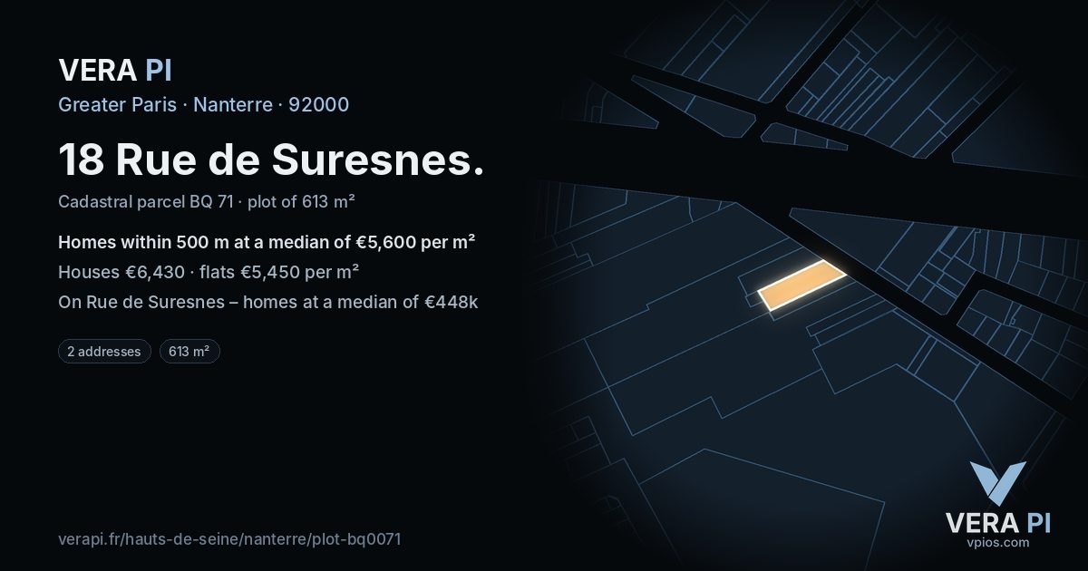 18 Rue de Suresnes, Nanterre at night – the plot lit, the parcels around coloured by the prices near them