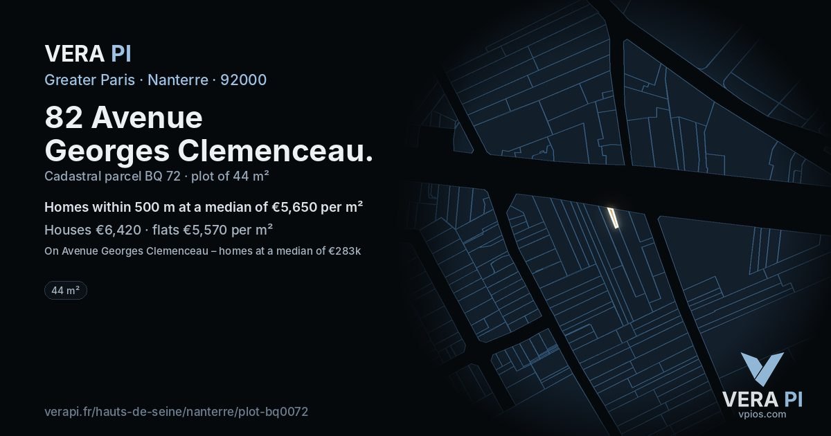 82 Avenue Georges Clemenceau, Nanterre at night – the plot lit, the parcels around coloured by the prices near them