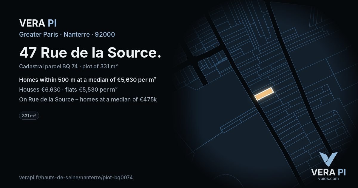 47 Rue de la Source, Nanterre at night – the plot lit, the parcels around coloured by the prices near them