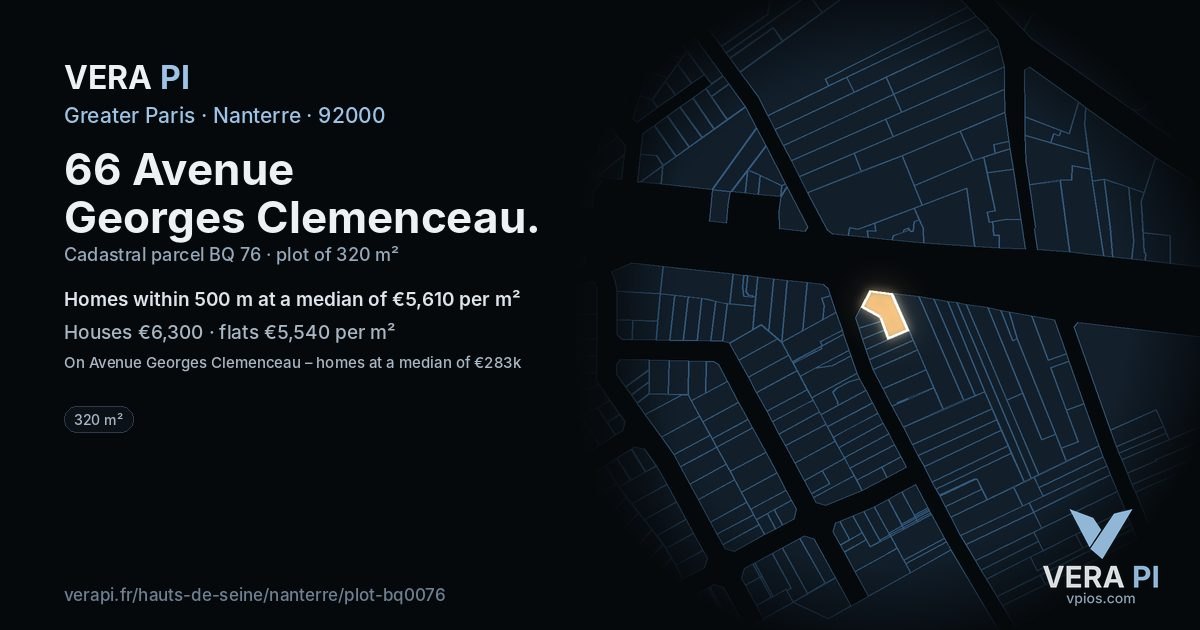 66 Avenue Georges Clemenceau, Nanterre at night – the plot lit, the parcels around coloured by the prices near them
