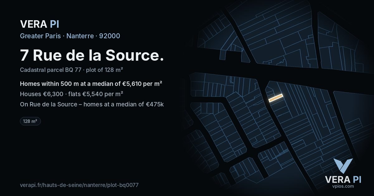 7 Rue de la Source, Nanterre at night – the plot lit, the parcels around coloured by the prices near them