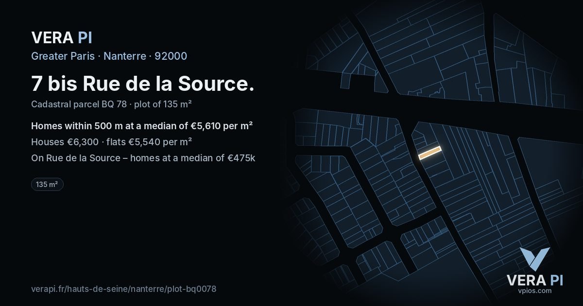 7 bis Rue de la Source, Nanterre at night – the plot lit, the parcels around coloured by the prices near them