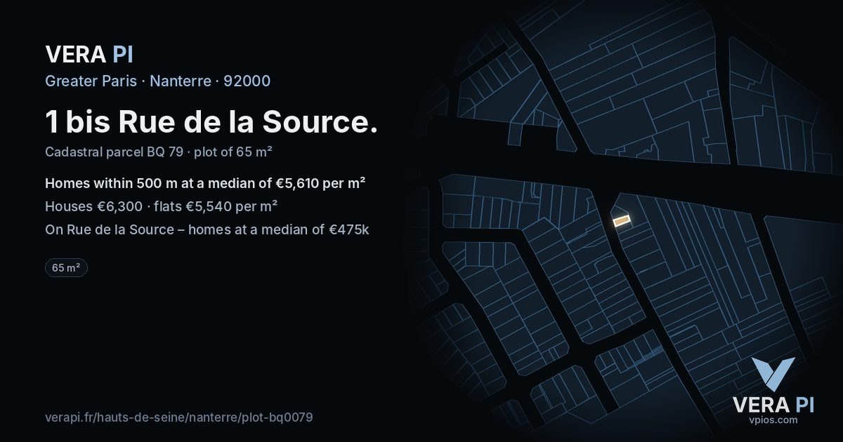 1 bis Rue de la Source, Nanterre at night – the plot lit, the parcels around coloured by the prices near them