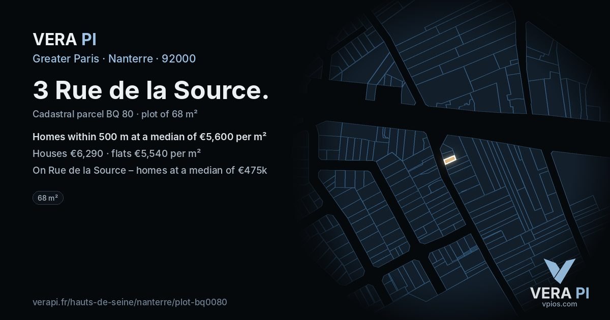 3 Rue de la Source, Nanterre at night – the plot lit, the parcels around coloured by the prices near them