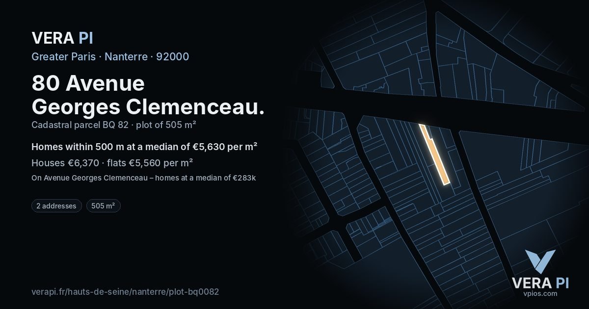 80 Avenue Georges Clemenceau, Nanterre at night – the plot lit, the parcels around coloured by the prices near them