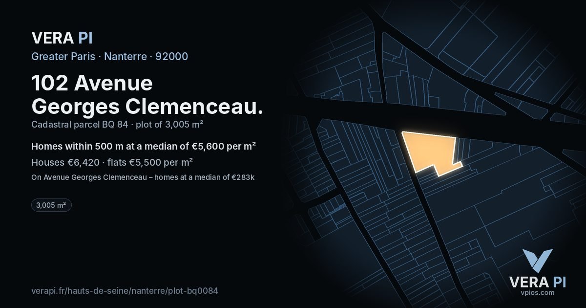 102 Avenue Georges Clemenceau, Nanterre at night – the plot lit, the parcels around coloured by the prices near them