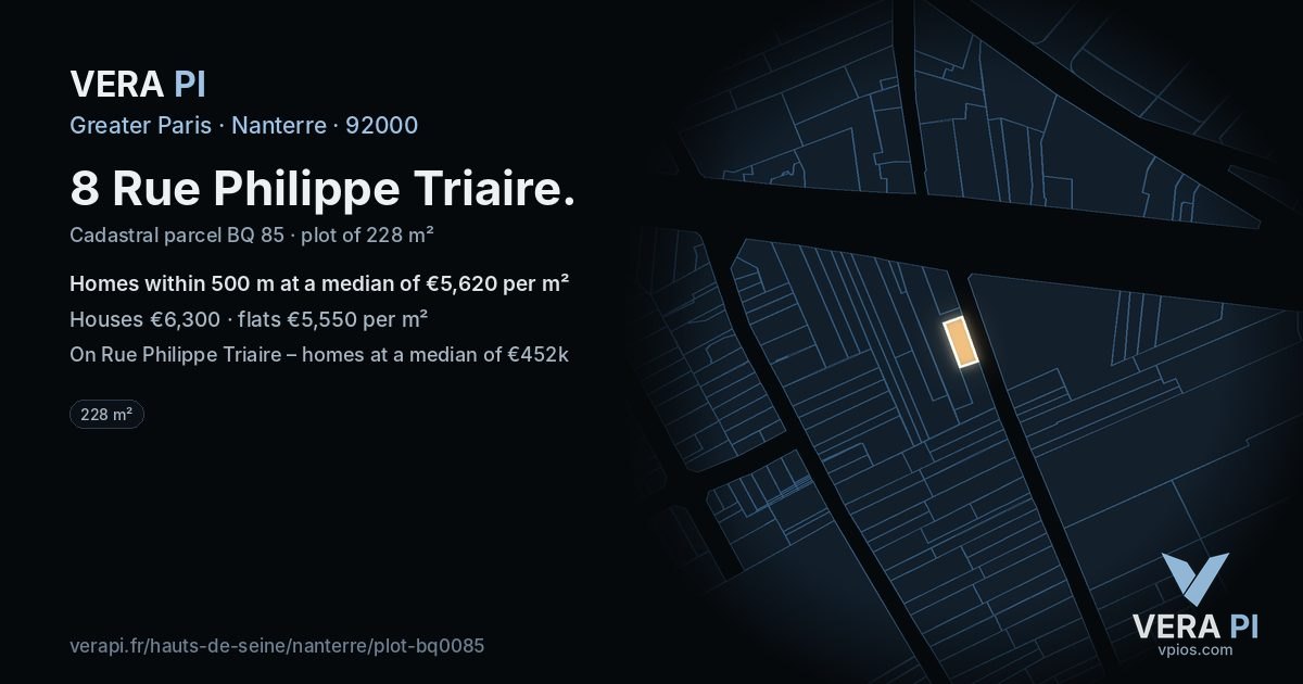 8 Rue Philippe Triaire, Nanterre at night – the plot lit, the parcels around coloured by the prices near them