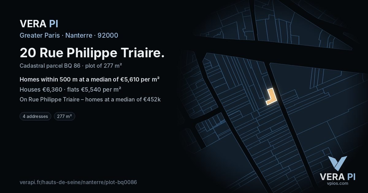 20 Rue Philippe Triaire, Nanterre at night – the plot lit, the parcels around coloured by the prices near them