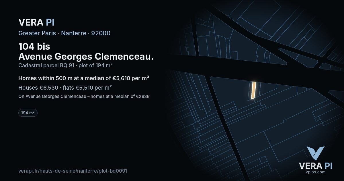 104 bis Avenue Georges Clemenceau, Nanterre at night – the plot lit, the parcels around coloured by the prices near them
